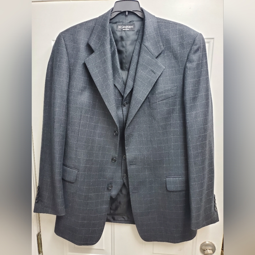 Yves Saint Laurent Ysl Designer Blazer & Vest Checkered Wool Gray And White 44L